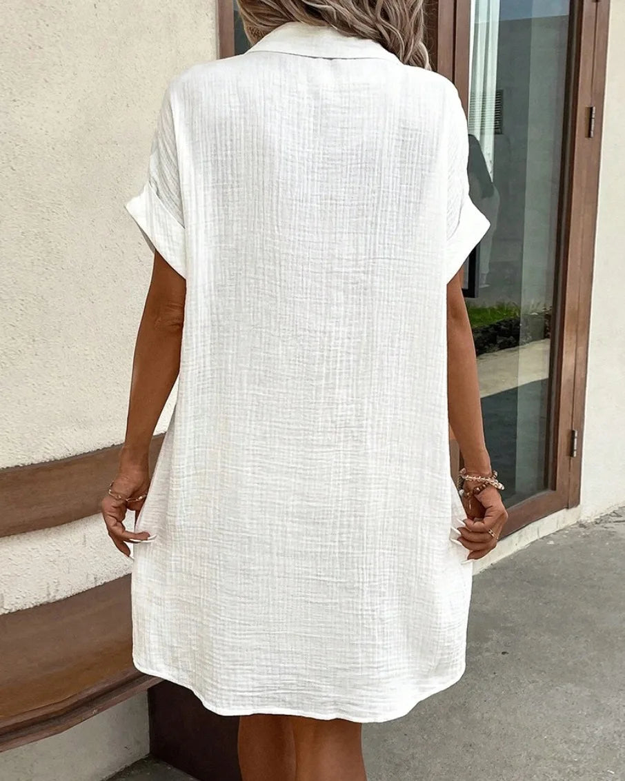 Simple Short Sleeve Shirt Dress Women's Turn-down Collar Single Breasted Casual Loose Dress