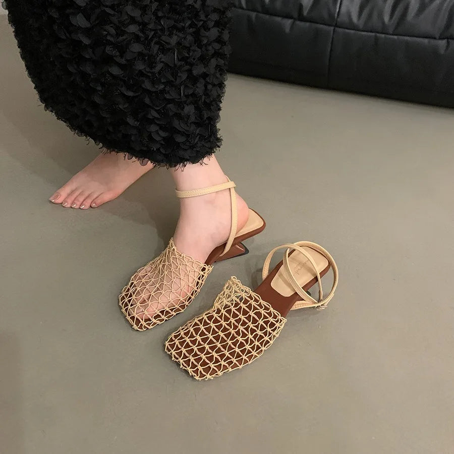 Luxury women's lace Mesh Fashion Sandals- Square Toe Shallow Narrow Strap Braided Slip-on High Heels Sandals