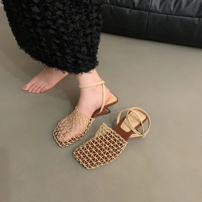Luxury women's lace Mesh Fashion Sandals- Square Toe Shallow Narrow Strap Braided Slip-on High Heels Sandals