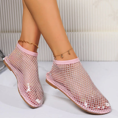 Round Toe Flat Bottom Sandals Hollow Short Boots Diamond Sexy Flat Bottom Shoes