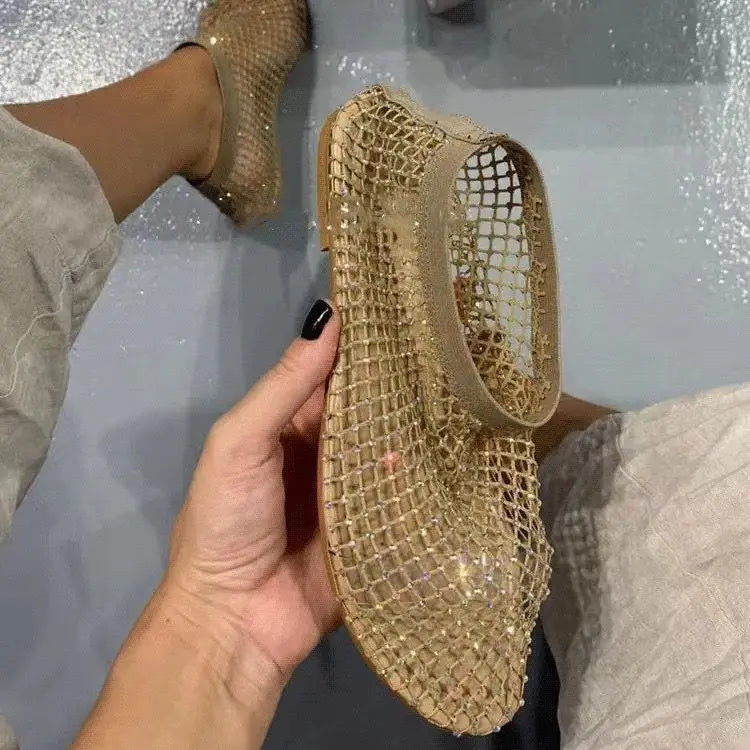 Round Toe Flat Bottom Sandals Hollow Short Boots Diamond Sexy Flat Bottom Shoes