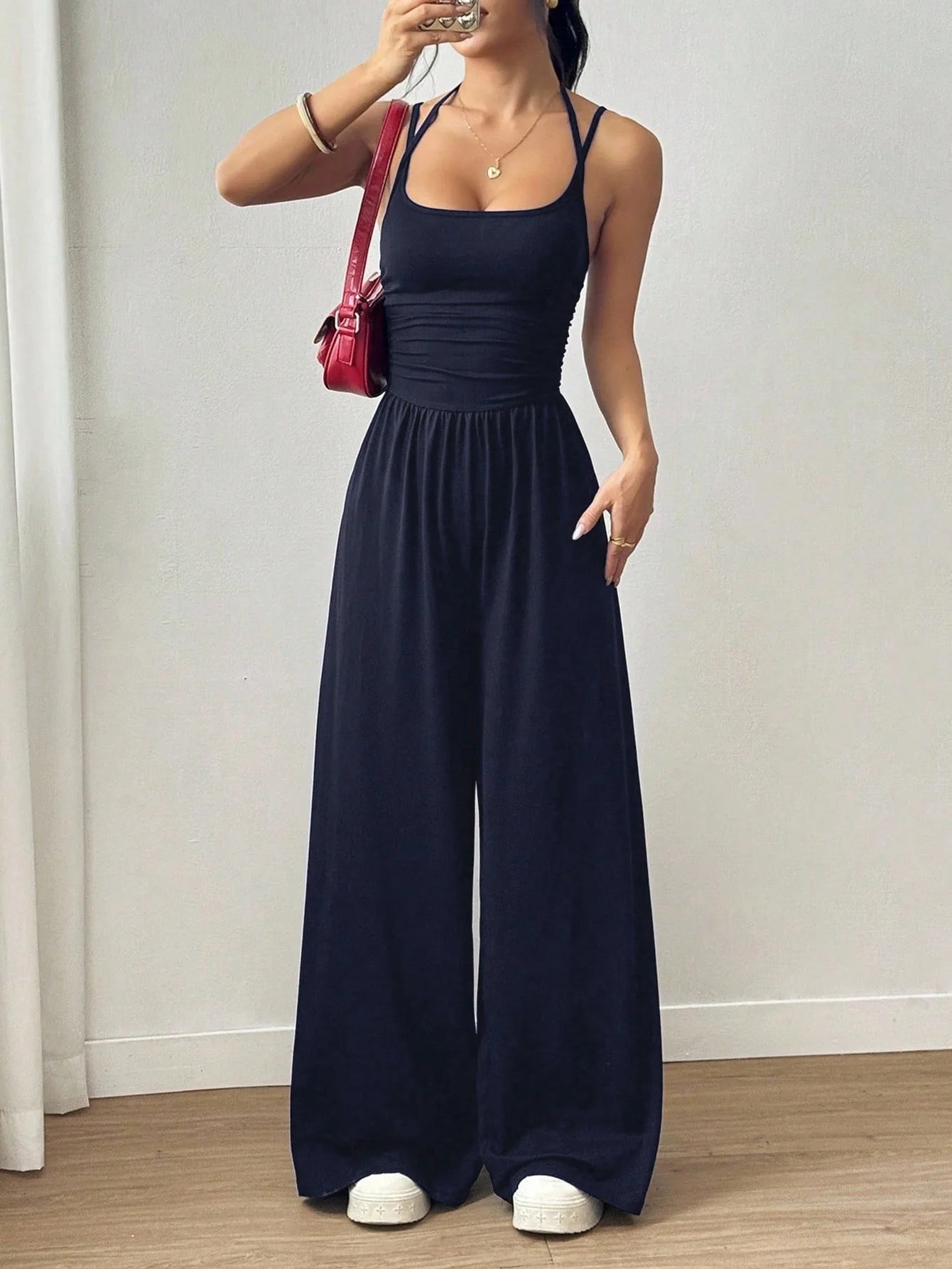 New Spring Summer Jumpsuit Solid Color Casual Simple Spring Summer Suspender Sleeveless High Waist Backless Loose Overalls