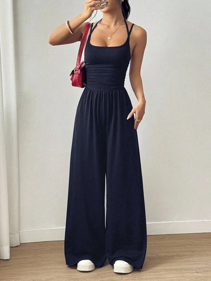 New Spring Summer Jumpsuit Solid Color Casual Simple Spring Summer Suspender Sleeveless High Waist Backless Loose Overalls