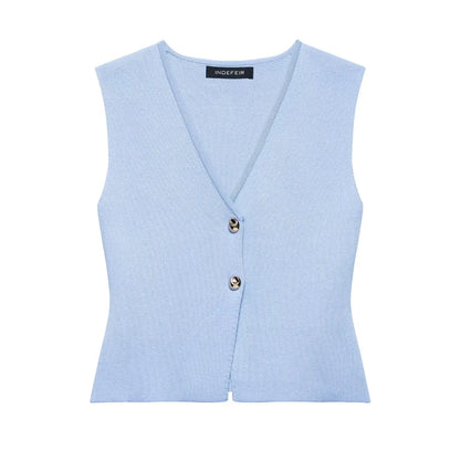 2 Piece Set Chic V-Neck Sleeveless Button Knitted Vest Top + Splicing High Waist Ankle-Length Skirt