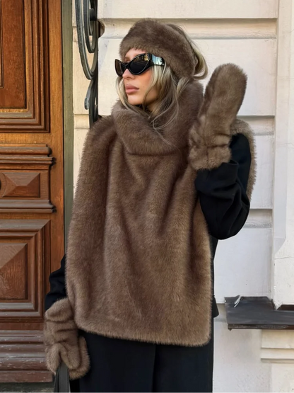 Chic Brown Sleeveless Faux Fur Vest Women's Casual Loose Fit