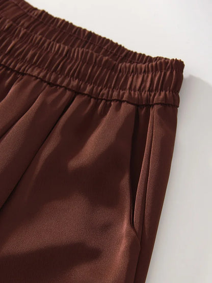 Luxury Wide Leg Baggy Satin High Waist Pants For Women Trousers With Pockets