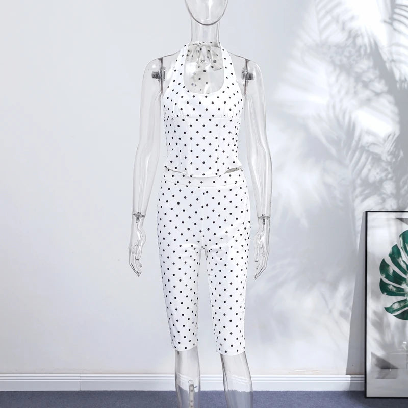 Chic Polka Dot Pants Set Women Halter Lace Up Sleeveless Backless Vest Hip Package Skinny Pants 2026 New Lady Y2K 2 Pcs Outfits
