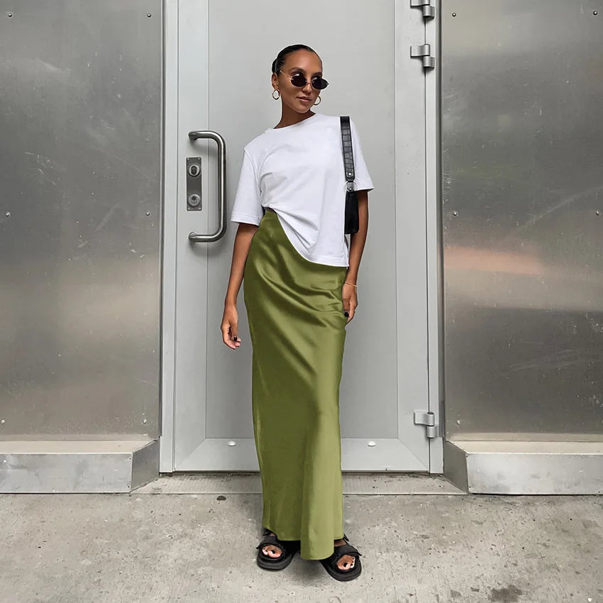 Elegant Long  Slim High Waist Satin Black Trumpet Skirts