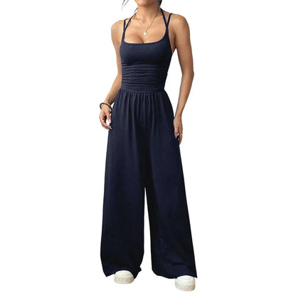 New Spring Summer Jumpsuit Solid Color Casual Simple Spring Summer Suspender Sleeveless High Waist Backless Loose Overalls