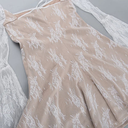 Elegant lace Mini Dress For Women Square Collar Long Sleeve Backless