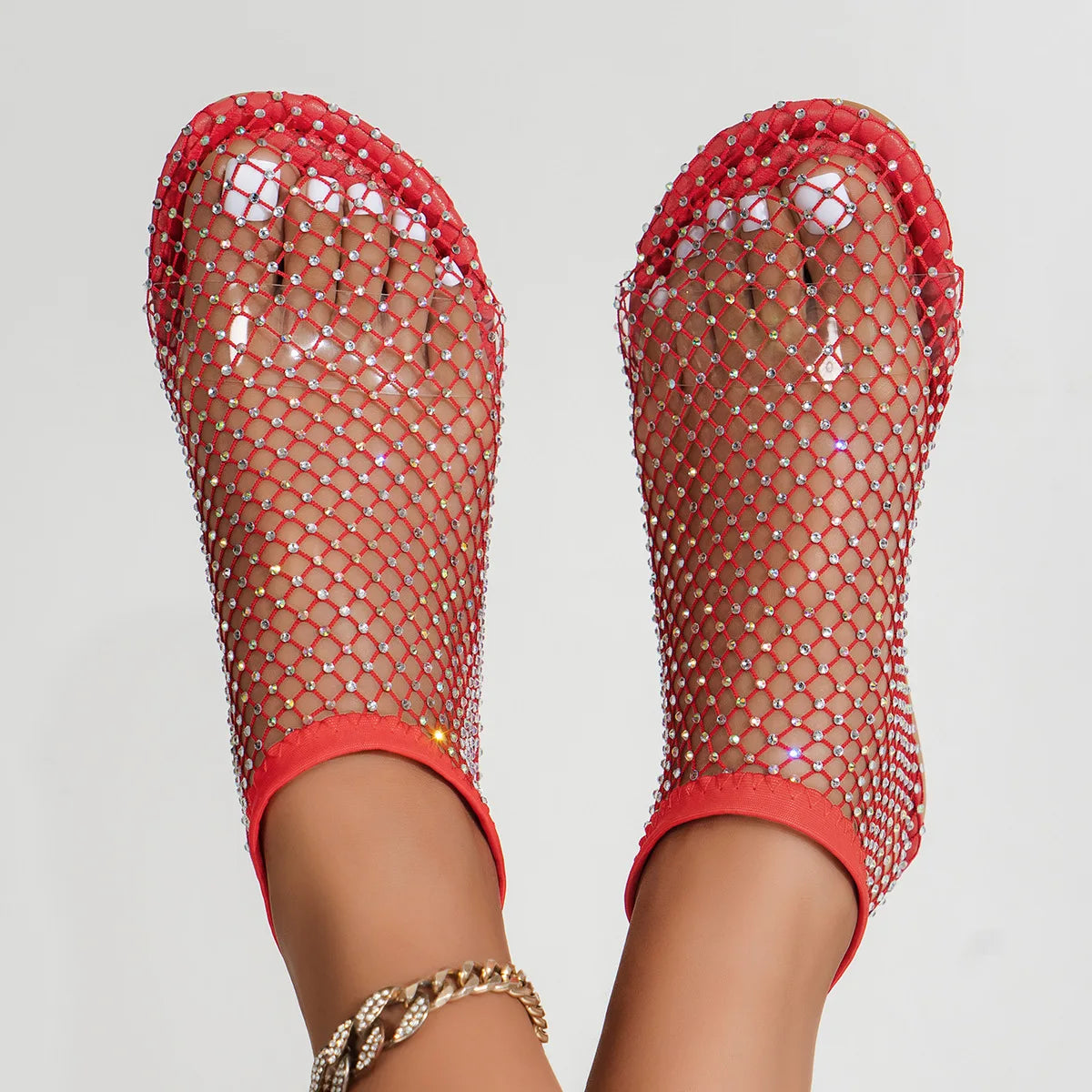 Round Toe Flat Bottom Sandals Hollow Short Boots Diamond Sexy Flat Bottom Shoes