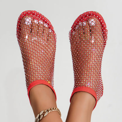 Round Toe Flat Bottom Sandals Hollow Short Boots Diamond Sexy Flat Bottom Shoes