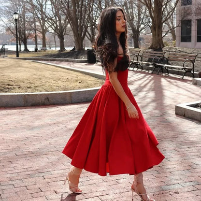 Sweetheart Spaghetti Strap  Fit and Flare Elegant Midi Dress