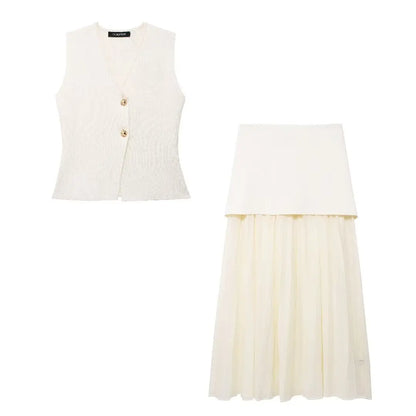 2 Piece Set Chic V-Neck Sleeveless Button Knitted Vest Top + Splicing High Waist Ankle-Length Skirt