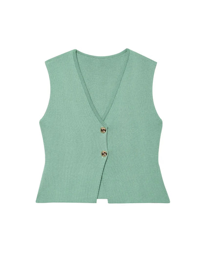 2 Piece Set Chic V-Neck Sleeveless Button Knitted Vest Top + Splicing High Waist Ankle-Length Skirt
