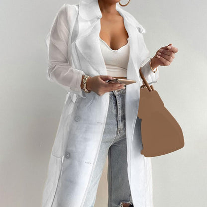 2023 Women Mesh Trench Coat Fashion See Through Jacket Summer Lace-up Sunscreen Shirt Net Yarn Long Shirt Thin Coat With Belt