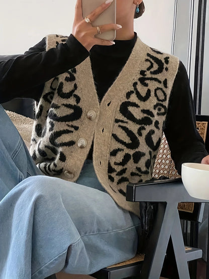 Women's New Autumn and Winter Fashion Elegant V Neck Open Placket Collar Button Sleeveless Leopard Print Stylish Unique Niche De