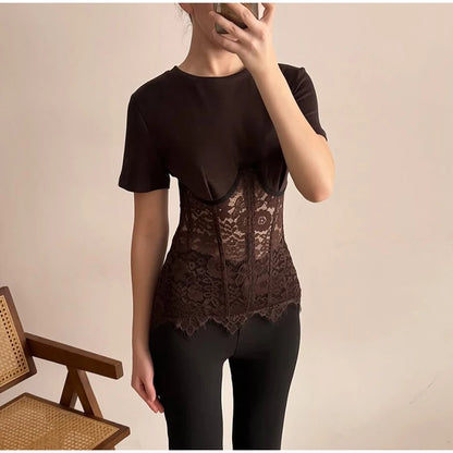 Fashion Floral Lace Fish-bone Patchwork Shirts For Women 2026 Spring New Chic Short Sleeve O-neck Blouse Lady Street Y2K Tops