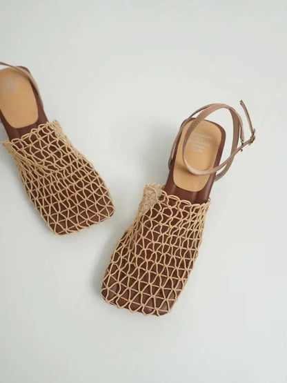 Luxury women's lace Mesh Fashion Sandals- Square Toe Shallow Narrow Strap Braided Slip-on High Heels Sandals