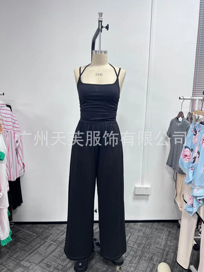 New Spring Summer Jumpsuit Solid Color Casual Simple Spring Summer Suspender Sleeveless High Waist Backless Loose Overalls
