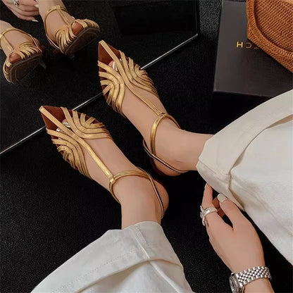 Sandals Summer Low Heel Ankle Strap Buckle Sandals Pointed Toe Hollowed Out T-strap Sandal