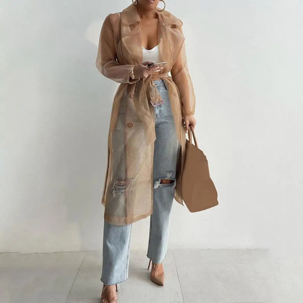 2023 Women Mesh Trench Coat Fashion See Through Jacket Summer Lace-up Sunscreen Shirt Net Yarn Long Shirt Thin Coat With Belt