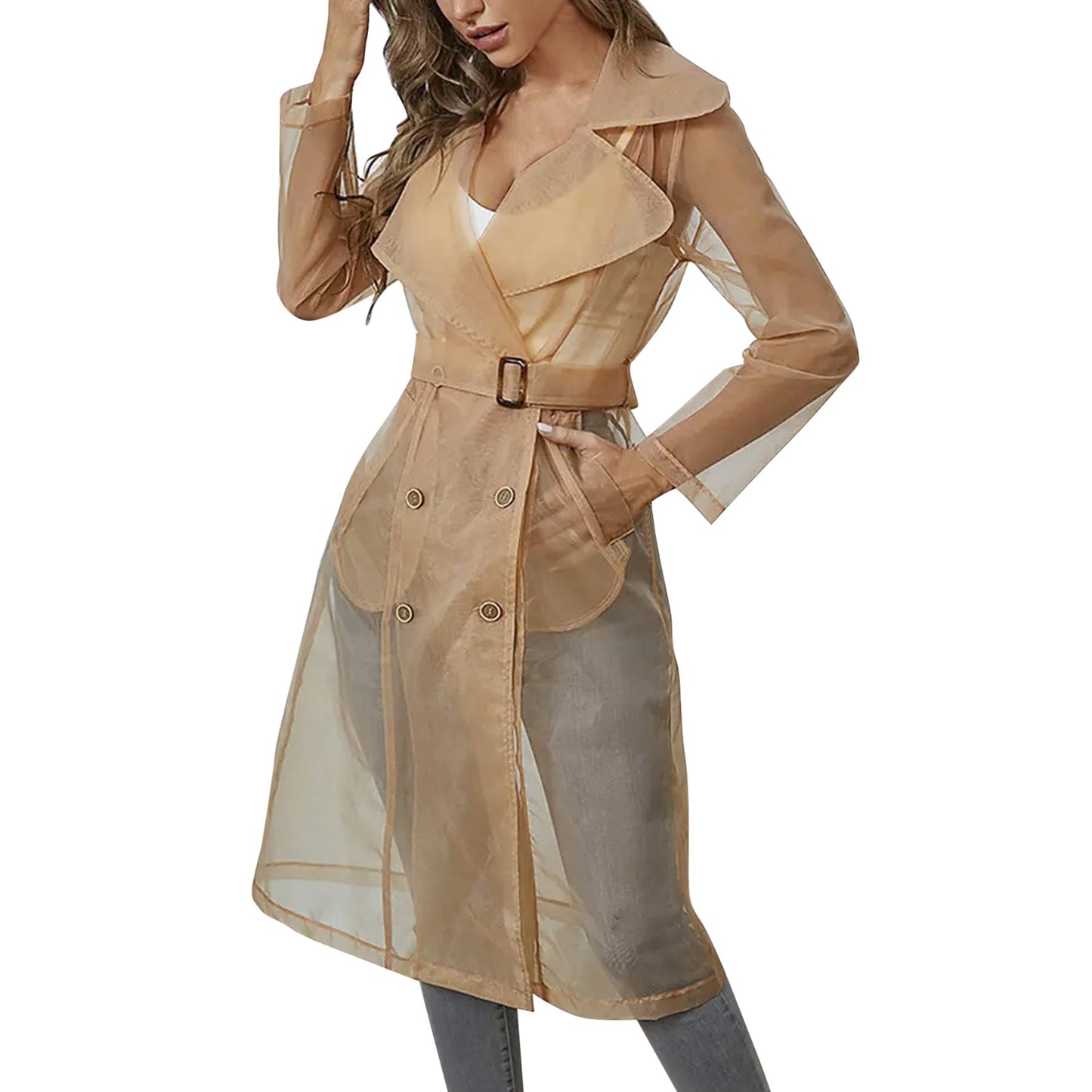 Jackets For Womens Mesh Transparent Overcoat Long Sleeve Buttoned Coat With Belt Turndown Collar Light Weight Long Jackets