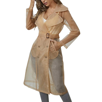 Jackets For Womens Mesh Transparent Overcoat Long Sleeve Buttoned Coat With Belt Turndown Collar Light Weight Long Jackets