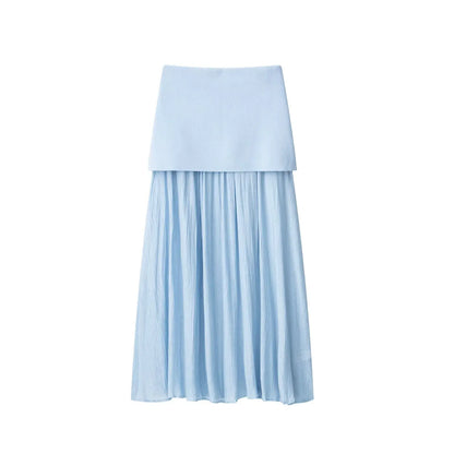2 Piece Set Chic V-Neck Sleeveless Button Knitted Vest Top + Splicing High Waist Ankle-Length Skirt