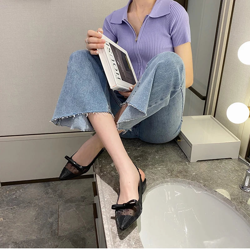 2026 Summer Butterfly-knot Women Sandals Fashion Mesh Pointed Toe Slip On Shoes Ladies Elegant Party Dress Flats Sandalias