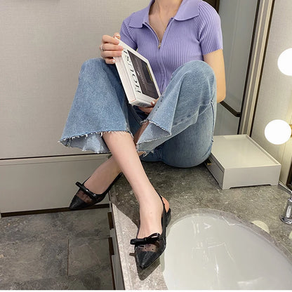 2026 Summer Butterfly-knot Women Sandals Fashion Mesh Pointed Toe Slip On Shoes Ladies Elegant Party Dress Flats Sandalias