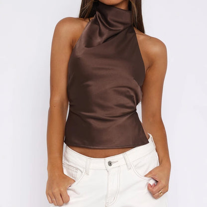 Combhasaki Women Three Buttons Halter Mock Neck Satin Silky Tops Sleeveless Adjusatble Straps Backless Slim Vest Summer Shirts