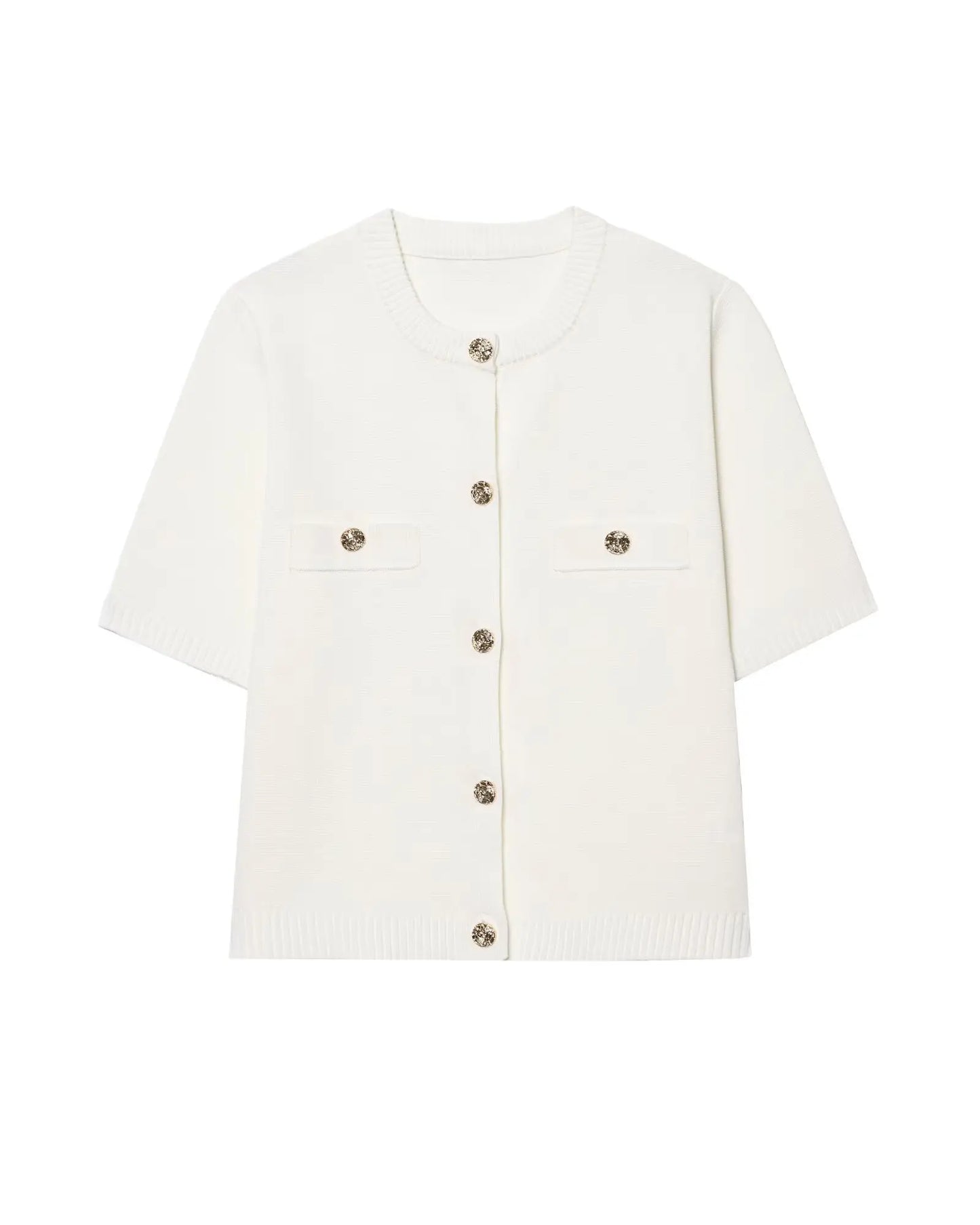 Knitted Skirt Suit Crew Neck Single-Breasted Short Sleeve Top+Fashion Elegant Elastic Waist Mini Skirt