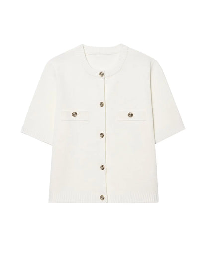 Knitted Skirt Suit Crew Neck Single-Breasted Short Sleeve Top+Fashion Elegant Elastic Waist Mini Skirt