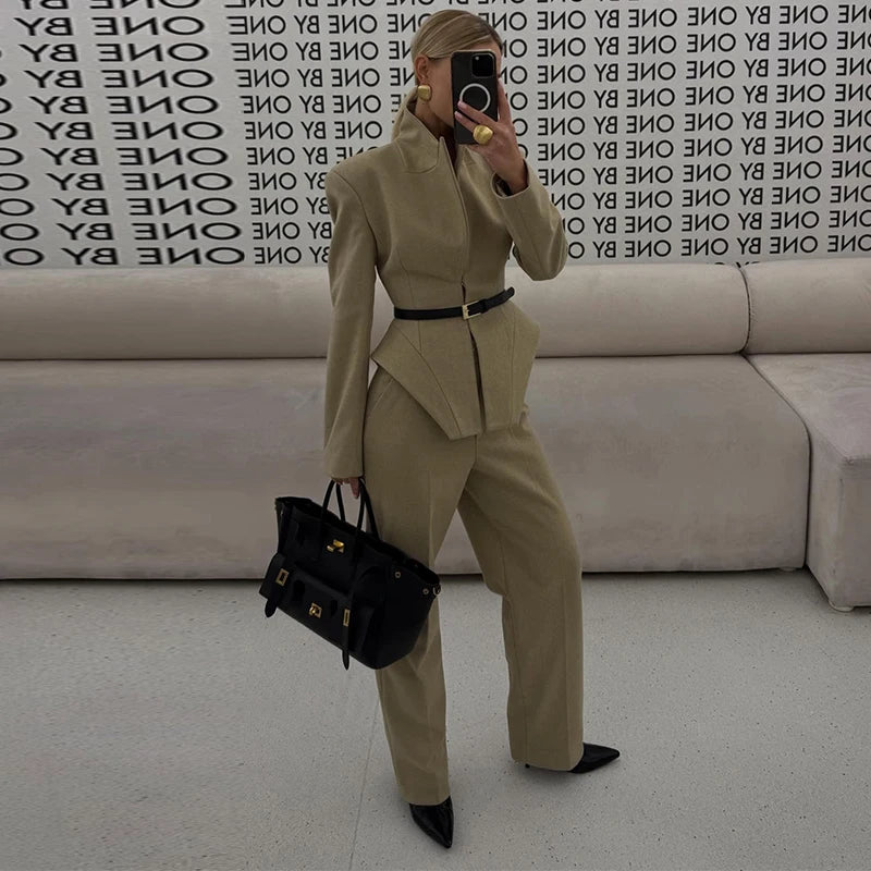 Women Pants Set Curved Hem Coat 2-Piece Sets Beige Stand Collar Jacket Hook Closure Top Wide Leg Trousers Casual Spring Outfit