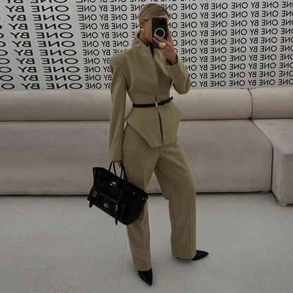 Women Pants Set Curved Hem Coat 2-Piece Sets Beige Stand Collar Jacket Hook Closure Top Wide Leg Trousers Casual Spring Outfit
