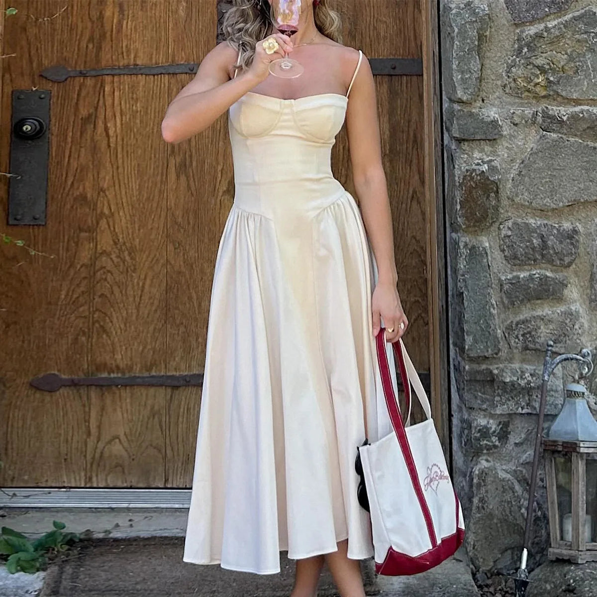 Sweetheart Spaghetti Strap  Fit and Flare Elegant Midi Dress