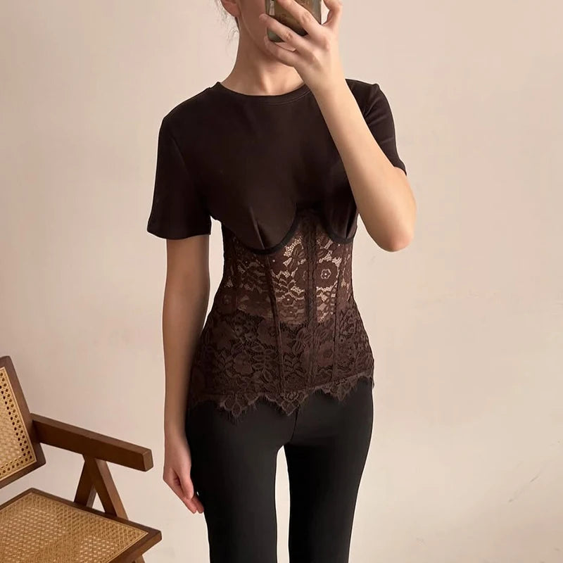Fashion Floral Lace Fish-bone Patchwork Shirts For Women 2026 Spring New Chic Short Sleeve O-neck Blouse Lady Street Y2K Tops
