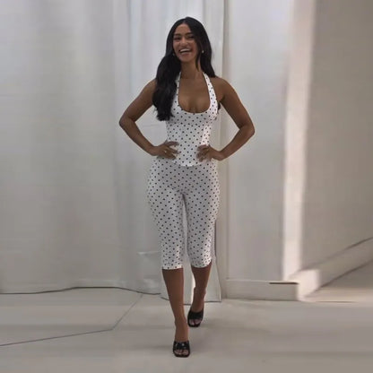 Chic Polka Dot Pants Set Women Halter Lace Up Sleeveless Backless Vest Hip Package Skinny Pants 2026 New Lady Y2K 2 Pcs Outfits