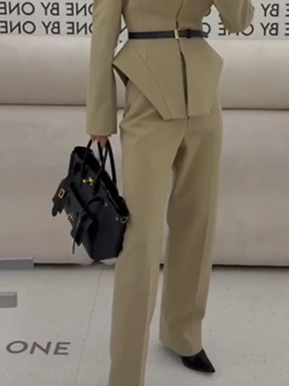 Women Pants Set Curved Hem Coat 2-Piece Sets Beige Stand Collar Jacket Hook Closure Top Wide Leg Trousers Casual Spring Outfit