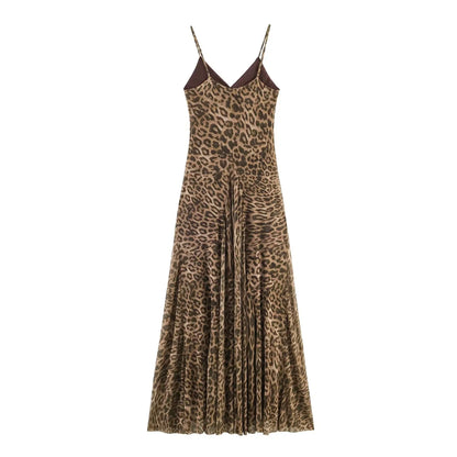 KONDALA Vintage Sexy Women Long Cami Chiffon Dress Leopard Beach Holiday Party Dress Fashion 2026 Spring Summer Elegant Dress
