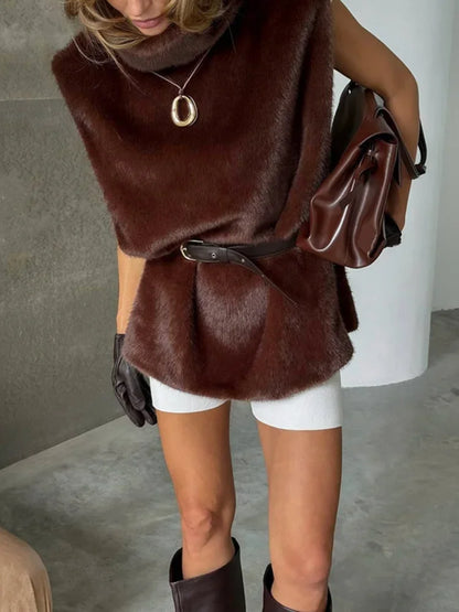 Chic Brown Sleeveless Faux Fur Vest Women's Casual Loose Fit