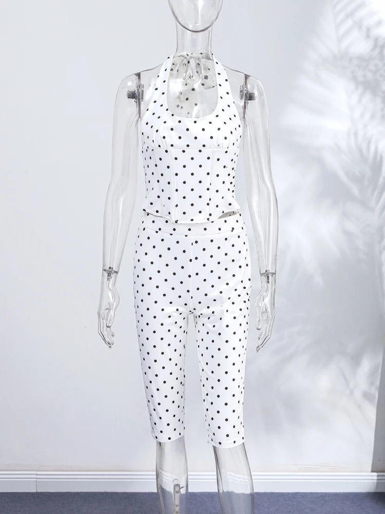 Chic Polka Dot Pants Set Women Halter Lace Up Sleeveless Backless Vest Hip Package Skinny Pants 2026 New Lady Y2K 2 Pcs Outfits
