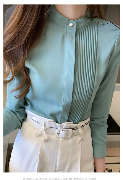 Long Sleeve Chiffon Blouse Shirt Women V-Neck-  Office Lady Blouse