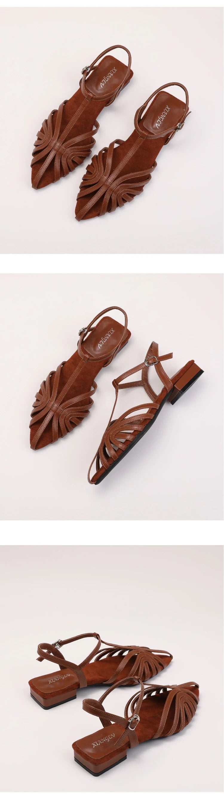 Sandals Summer Low Heel Ankle Strap Buckle Sandals Pointed Toe Hollowed Out T-strap Sandal