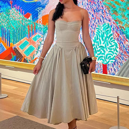 Sweetheart Spaghetti Strap  Fit and Flare Elegant Midi Dress