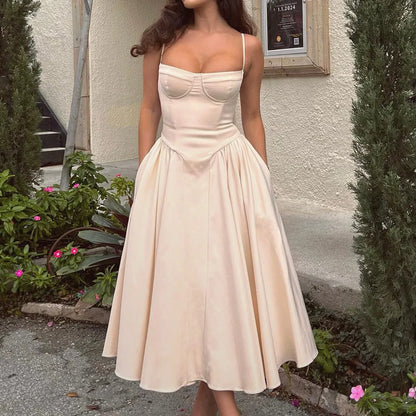 Sweetheart Spaghetti Strap  Fit and Flare Elegant Midi Dress