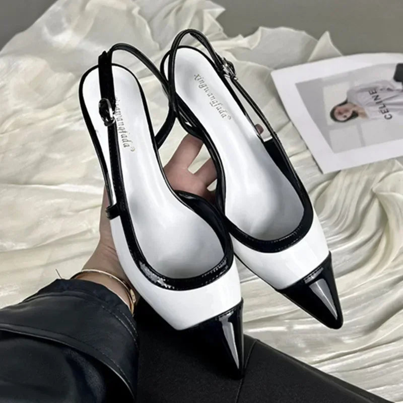 Black White Low Heeled Sandals Women Sexy Pointed Toe Slingbacks Chunky low Heels for Women Elegant Heels