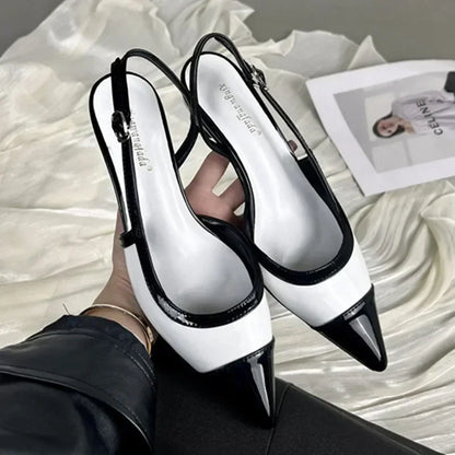 Black White Low Heeled Sandals Women Sexy Pointed Toe Slingbacks Chunky low Heels for Women Elegant Heels