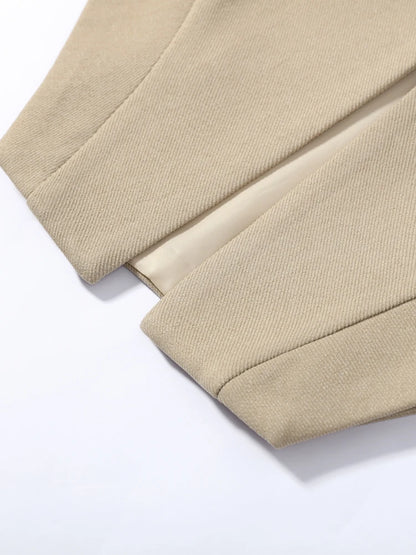 Women Pants Set Curved Hem Coat 2-Piece Sets Beige Stand Collar Jacket Hook Closure Top Wide Leg Trousers Casual Spring Outfit